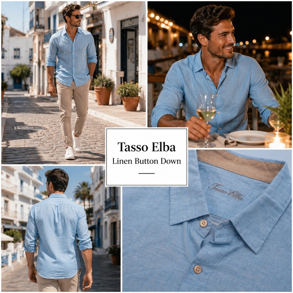 NWT Tasso Elba Mens Linen Blend Button Down Shirt Light Blue Long Sleeve Size L